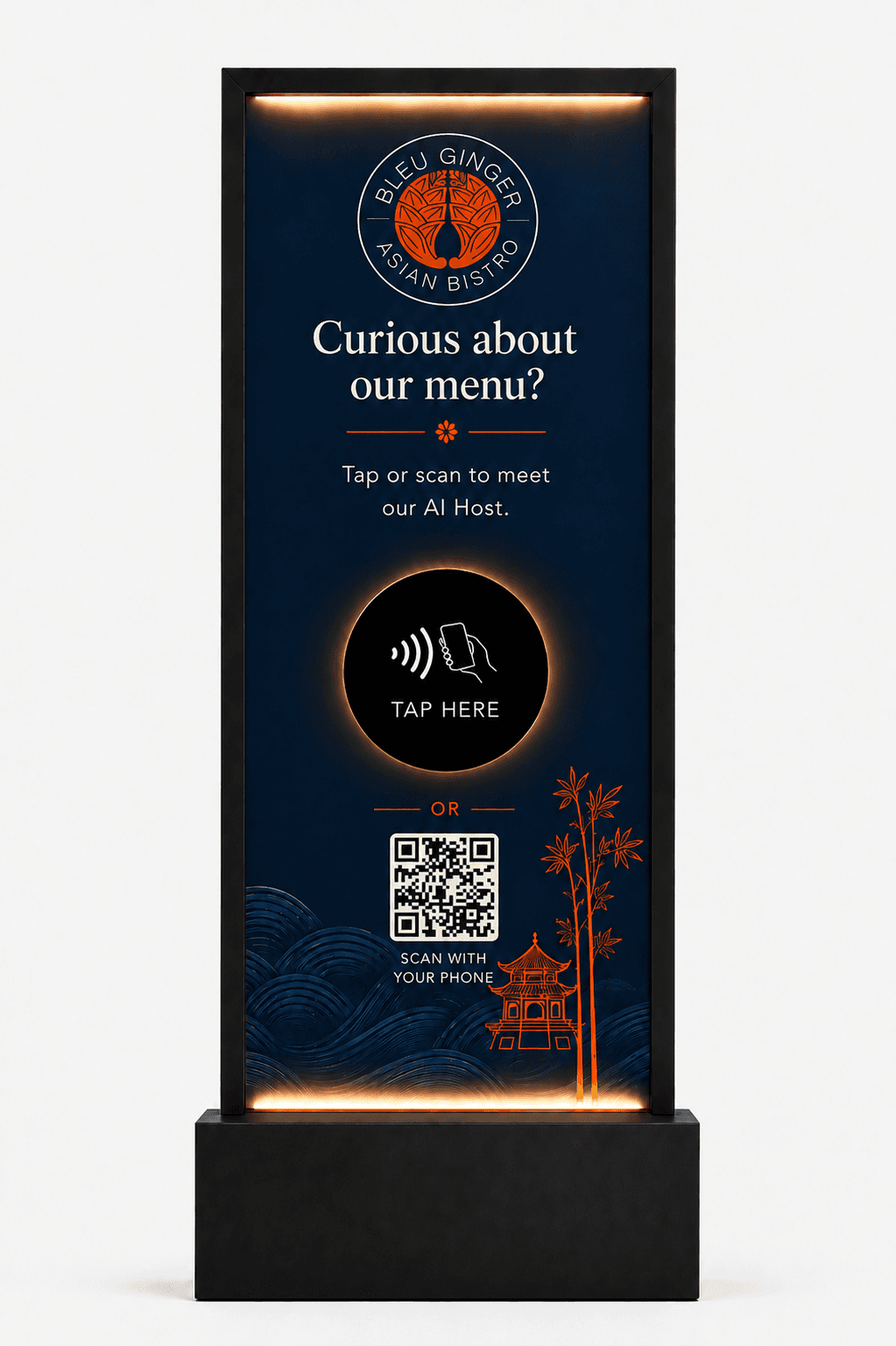 The floor sign designed for Bleu Ginger: a navy panel carrying their crest, the line 'Curious about our menu?', an NFC tap disc, a QR code, and a bamboo and wave motif matched to their dining room.