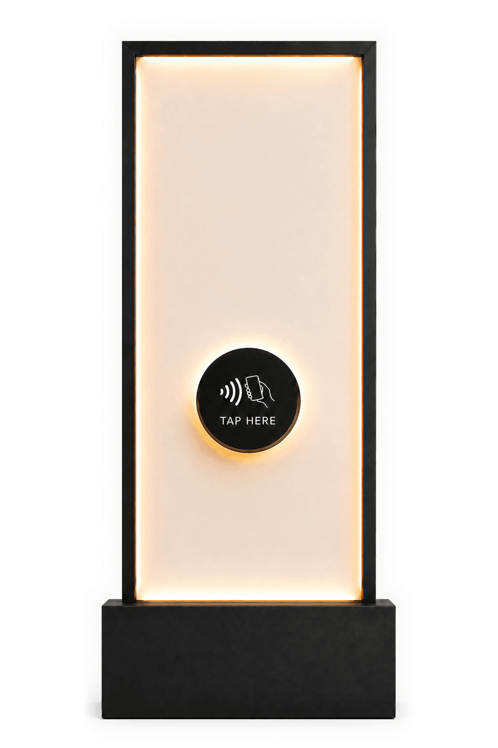 The Suji floor sign: a matte black frame around a warm edge-lit panel, with a circular tap point at its centre.