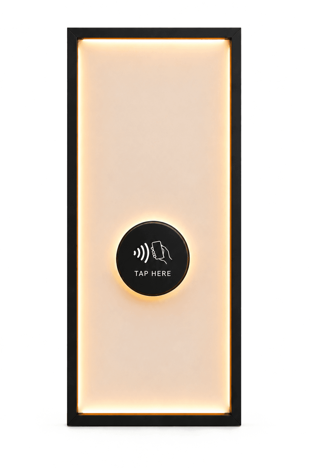 The Suji wall sign: the same black frame and warm edge-lit panel, mounted flat against a wall.